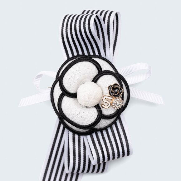Black & White Ribbon Camellia Brooch - White Camellia with Charm - Picture 1 of 4